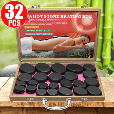 Tontin 32pcs/set basalt stone massage stone hot stone set with 220V/110V Bamboo heating box Relieve Pain Health Care lava stone-Great Rehab Medical